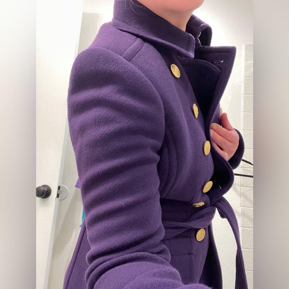 J Crew Vintage Womens Purple Double Cloth Wool Double Breasted Coat Gold Buttons